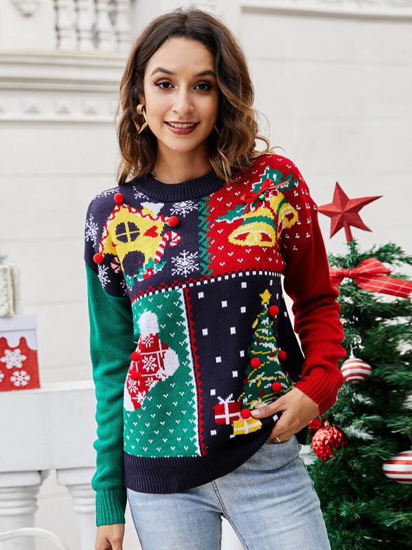 Suéteres de punto con copos de nieve y árbol de Navidad para mujer, jersey bordado de manga larga con cuello redondo, prendas de punto, Tops de invierno