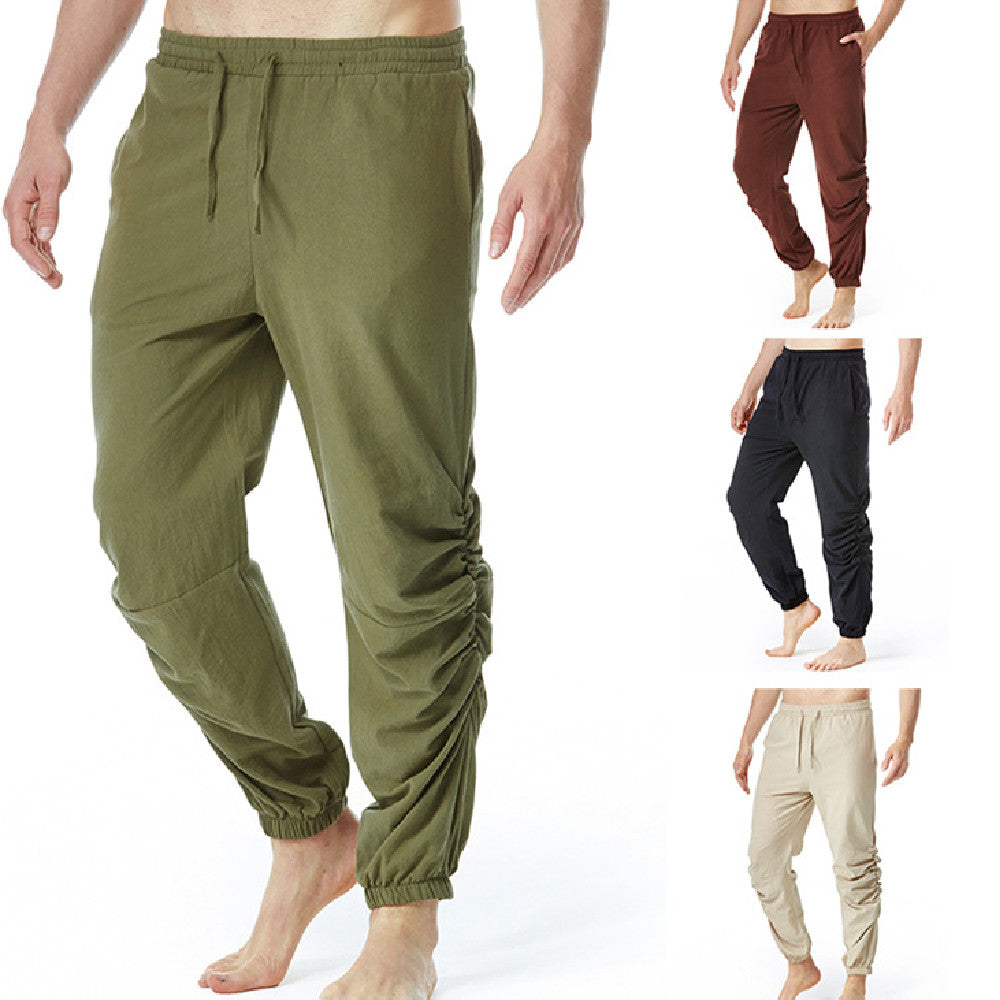 Pantalones de yoga con cintura elástica y cordón de algodón y lino para hombre