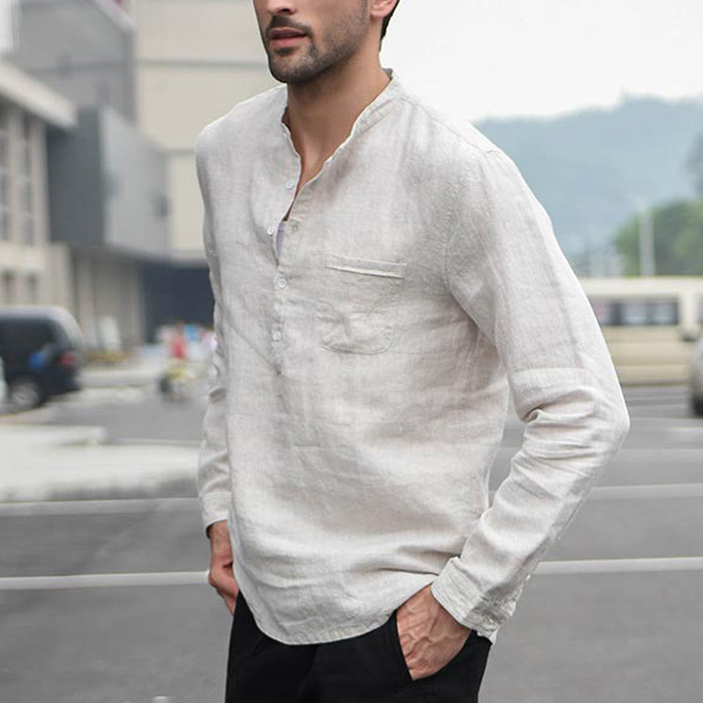 Camisa blanca vintage para hombre Camisas de lino con botones