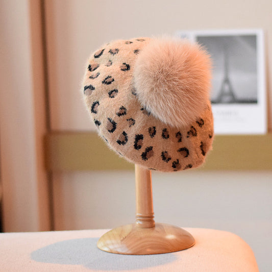 Sombrero de leopardo todo fósforo de lana estilo visón retro Moda