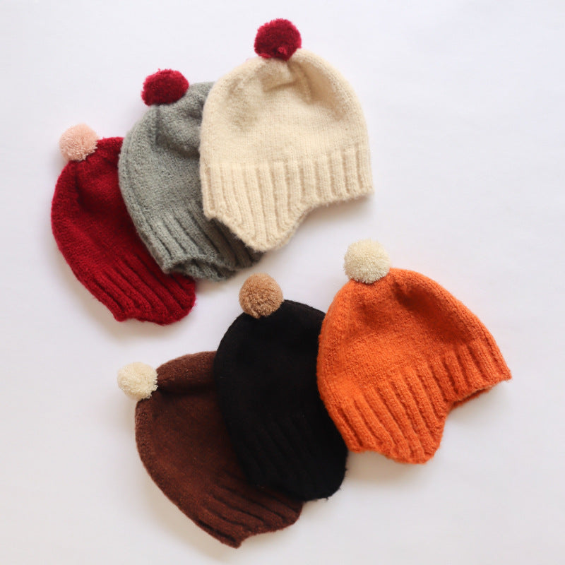 Autumn And Winter New Male And Female Baby Cute Earflaps Fur Ball Warm Knitted Hat