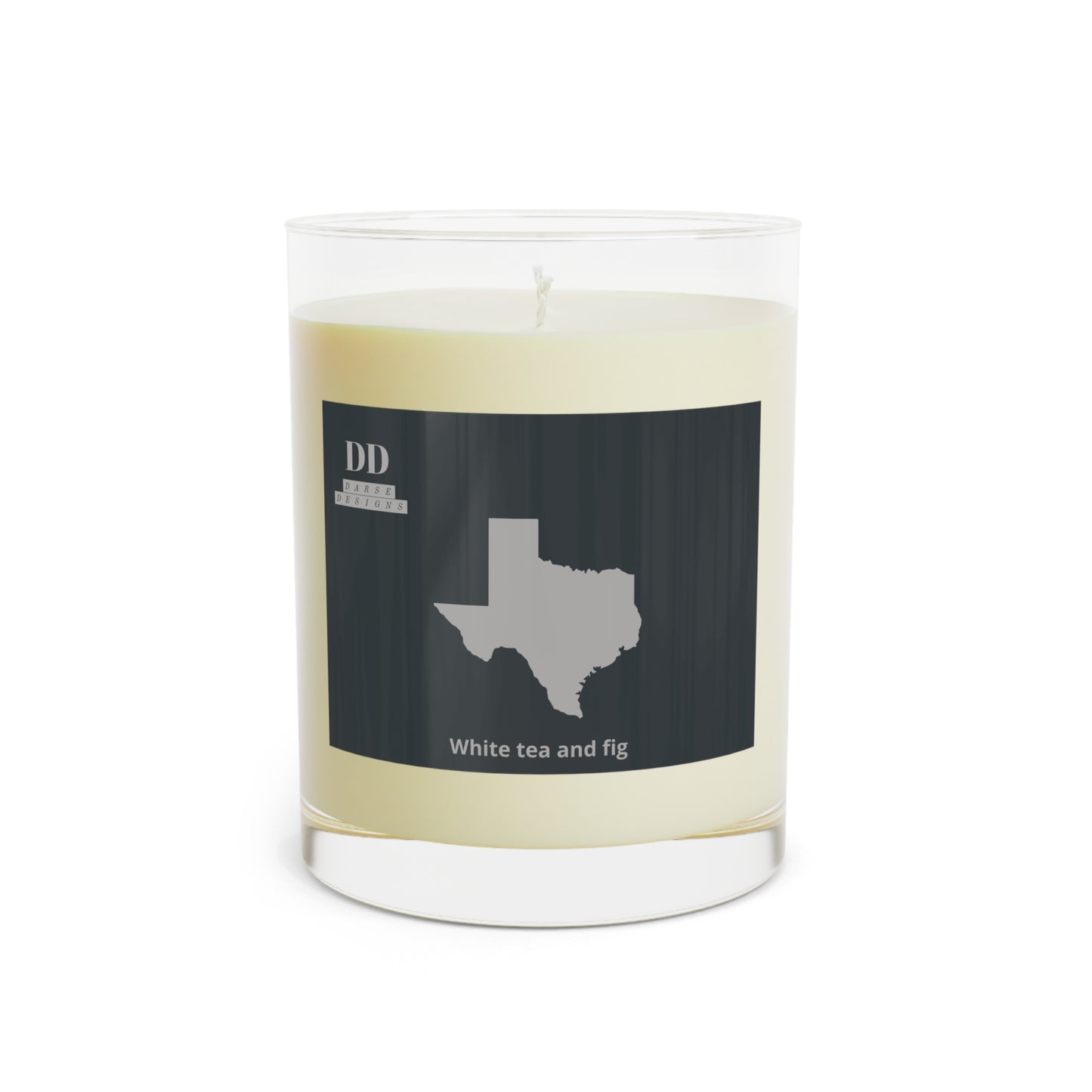 Darse Designs Texas Veracruz logo Vela perfumada de té blanco e higo - Vidrio completo, 11oz 