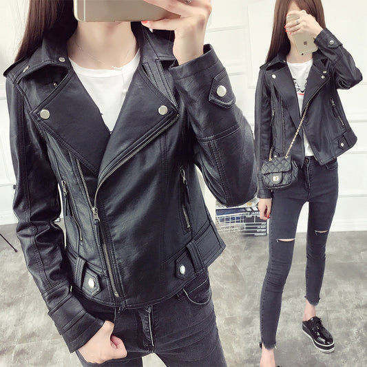 Women's Slim-fit Lapel Leather Coat