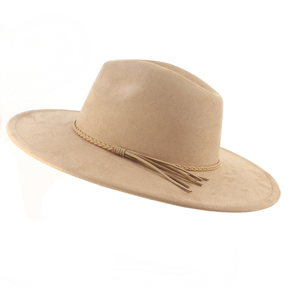 Sombrero Jazz de mujer con ala de ante color melocotón y borlas de 10 cm