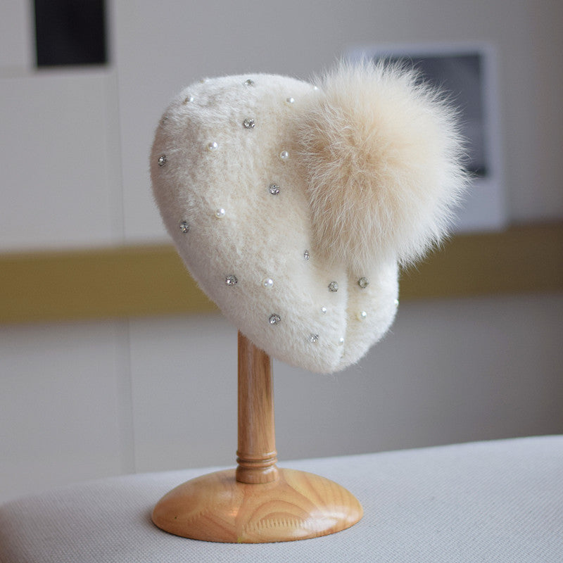 Rhinestone Mink-like Wool Beret Japanese Style Sweet And Cute Painter Cap