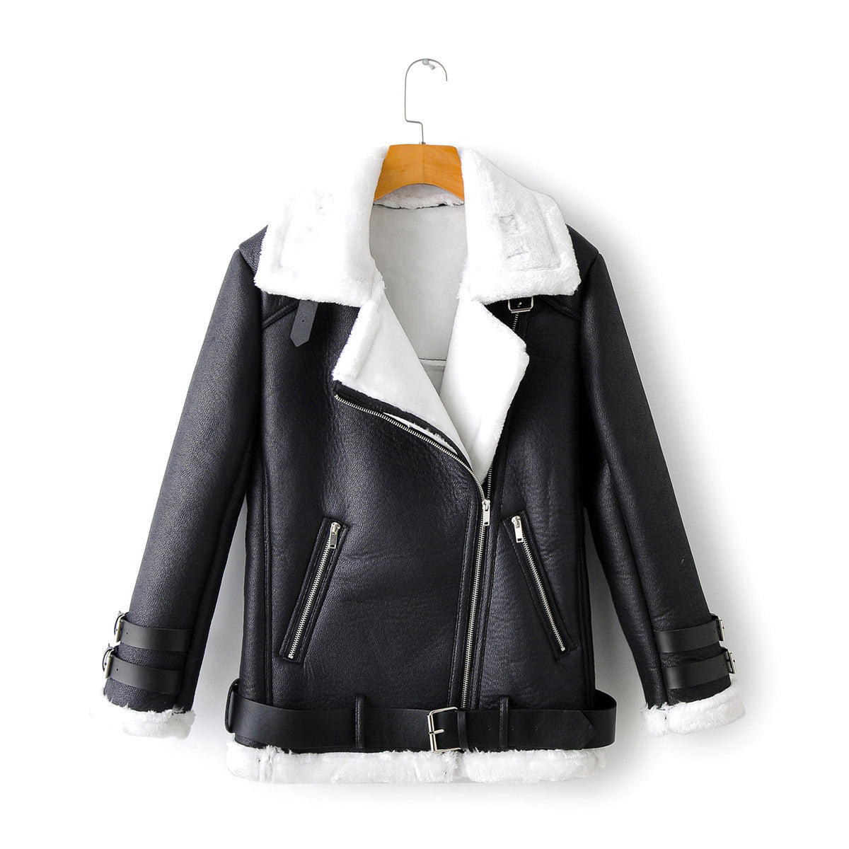 Plush stitching thick PU leather coat