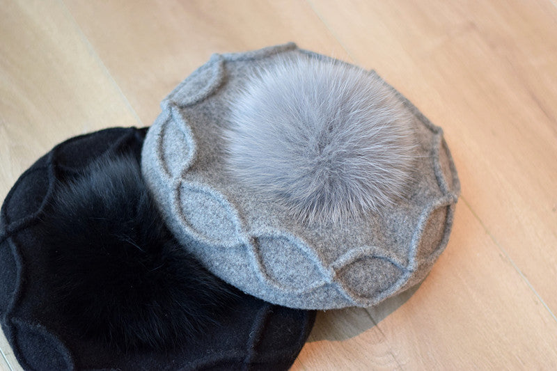 Fox Fur Ball Beret Wool Retro Easy Matching Hat