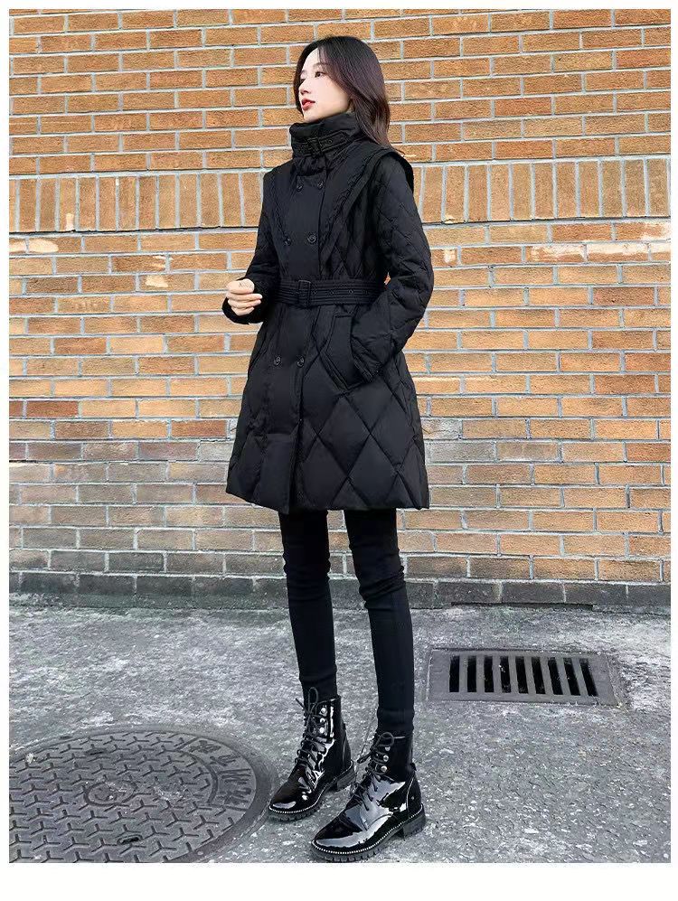 Black Medium Length Cotton-padded Coat For Women