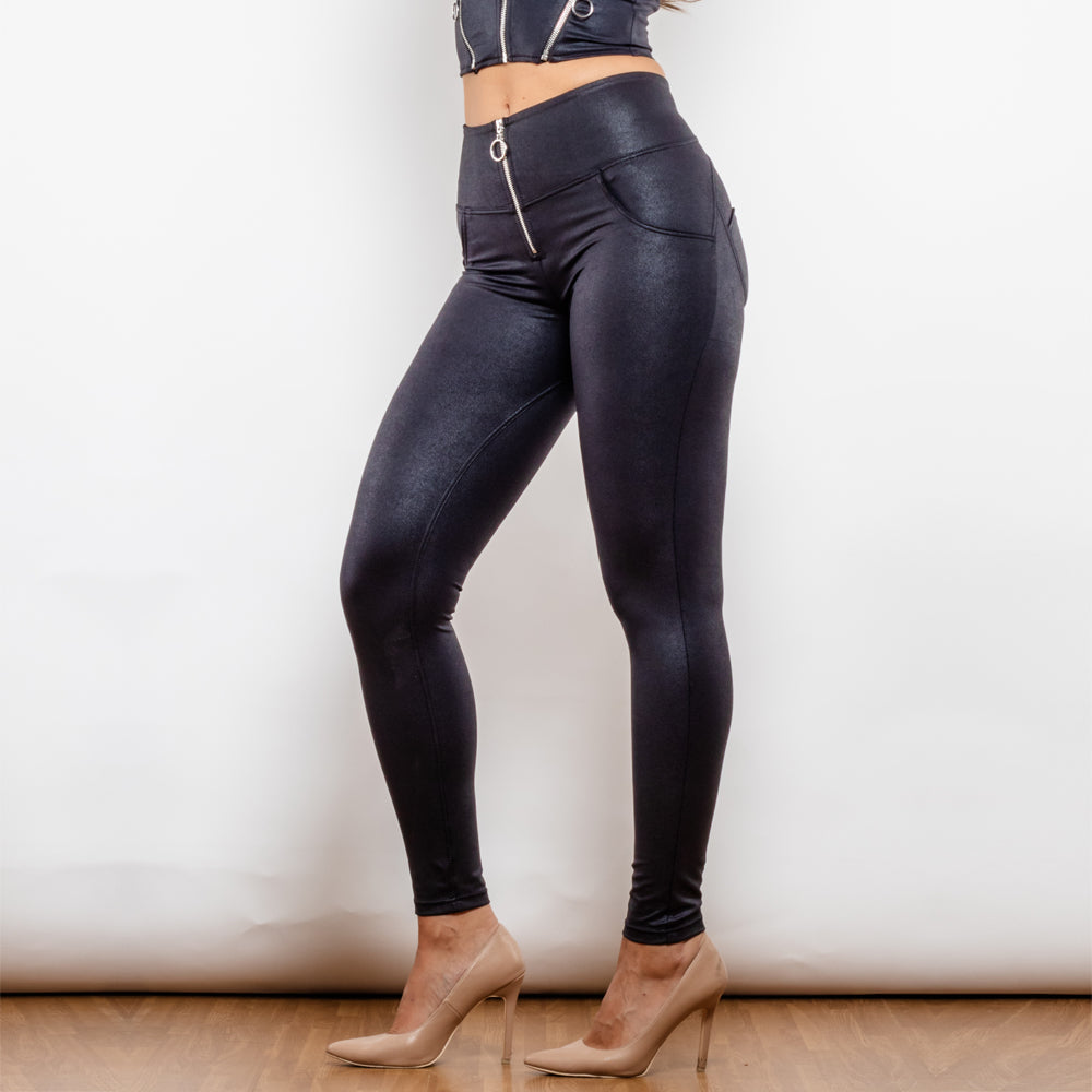 Shascullfites Melody cintura alta Crackle pantalones de elevación recubiertos negros anillo con cremallera Leggings de realce de trasero Leggings Push Up