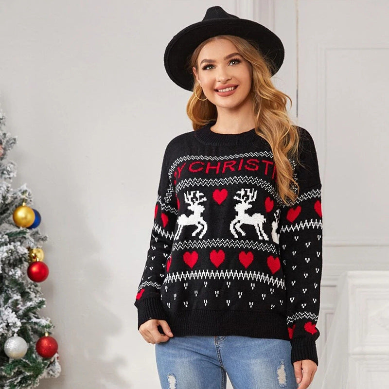 Suéter lindo con estampado de corazón de alce, jersey de moda para mujer, suéter tejido de Navidad, Tops de invierno