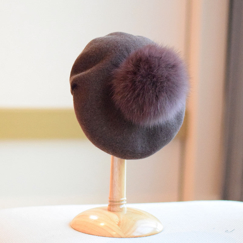 Wool Beret Women's Fur Ball Fashion Painter Cap