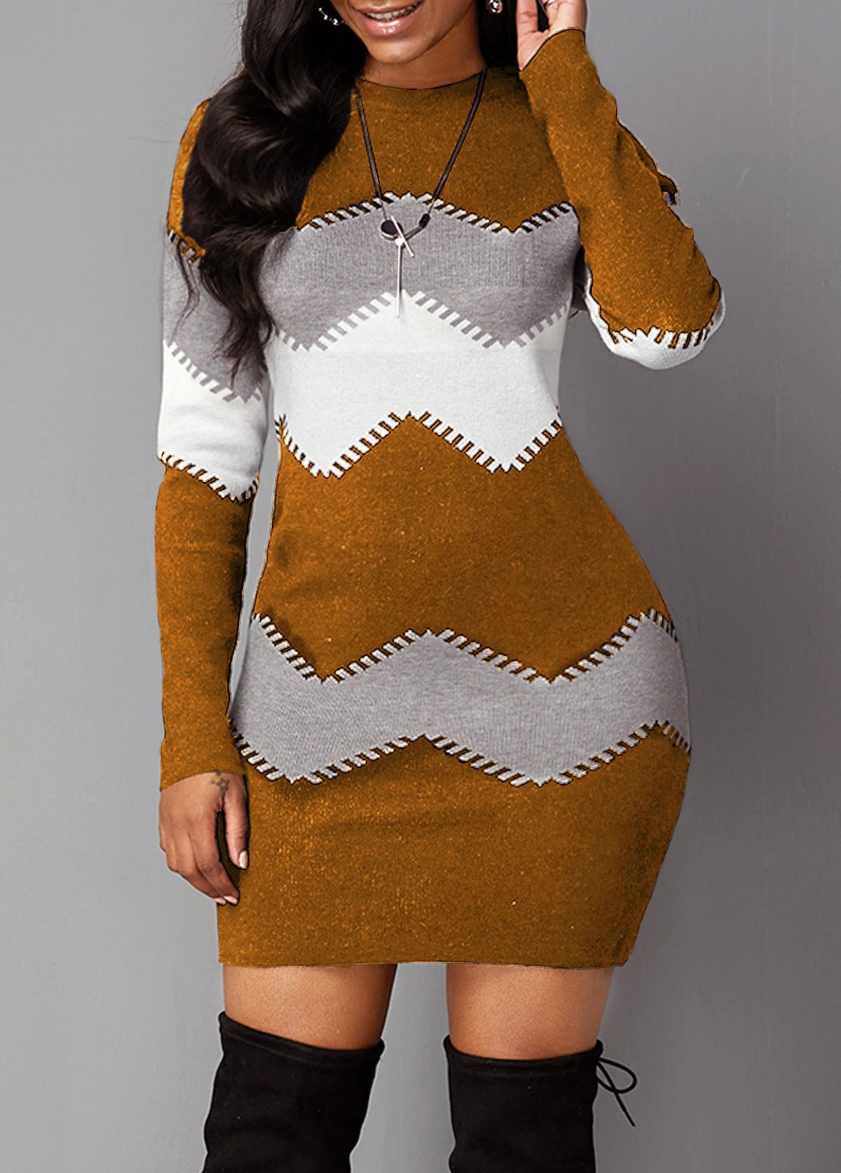 Women's Mid-length Round Neck Long Sleeve Printed Knitted Dress