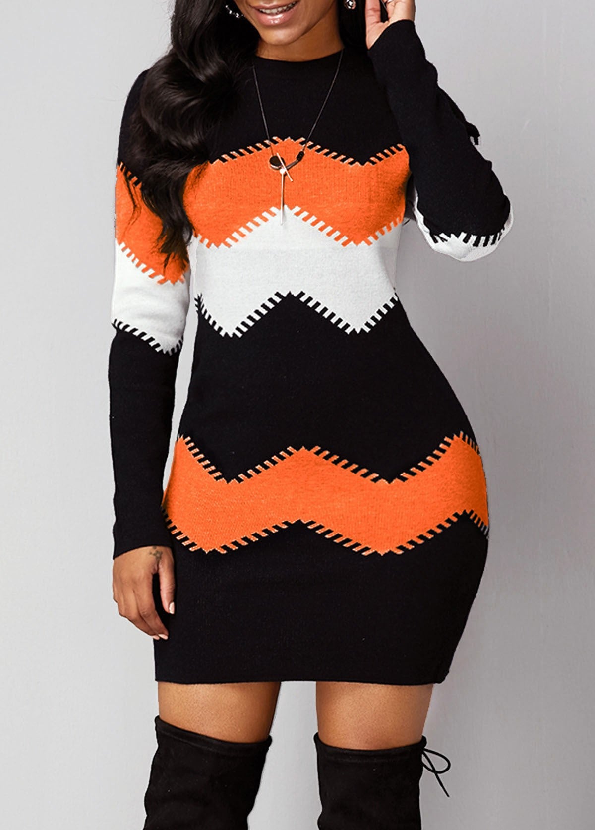 Women's Mid-length Round Neck Long Sleeve Printed Knitted Dress