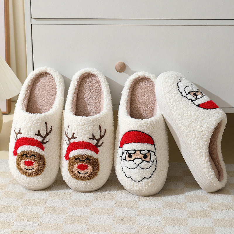 Zapatillas de casa navideñas, zapatillas de algodón con dibujos animados de Papá Noel para mujeres y hombres, parejas, zapatos peludos cálidos de invierno