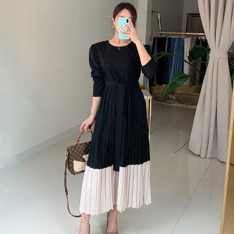 Round Collar Color Patchwork Pleated Dress Long Skirt Woman