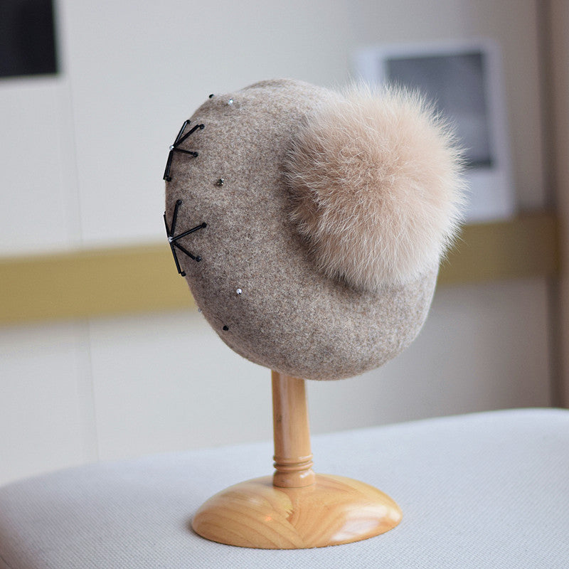 Women's Fox Fur Ball Elegant Retro Woolen Hat