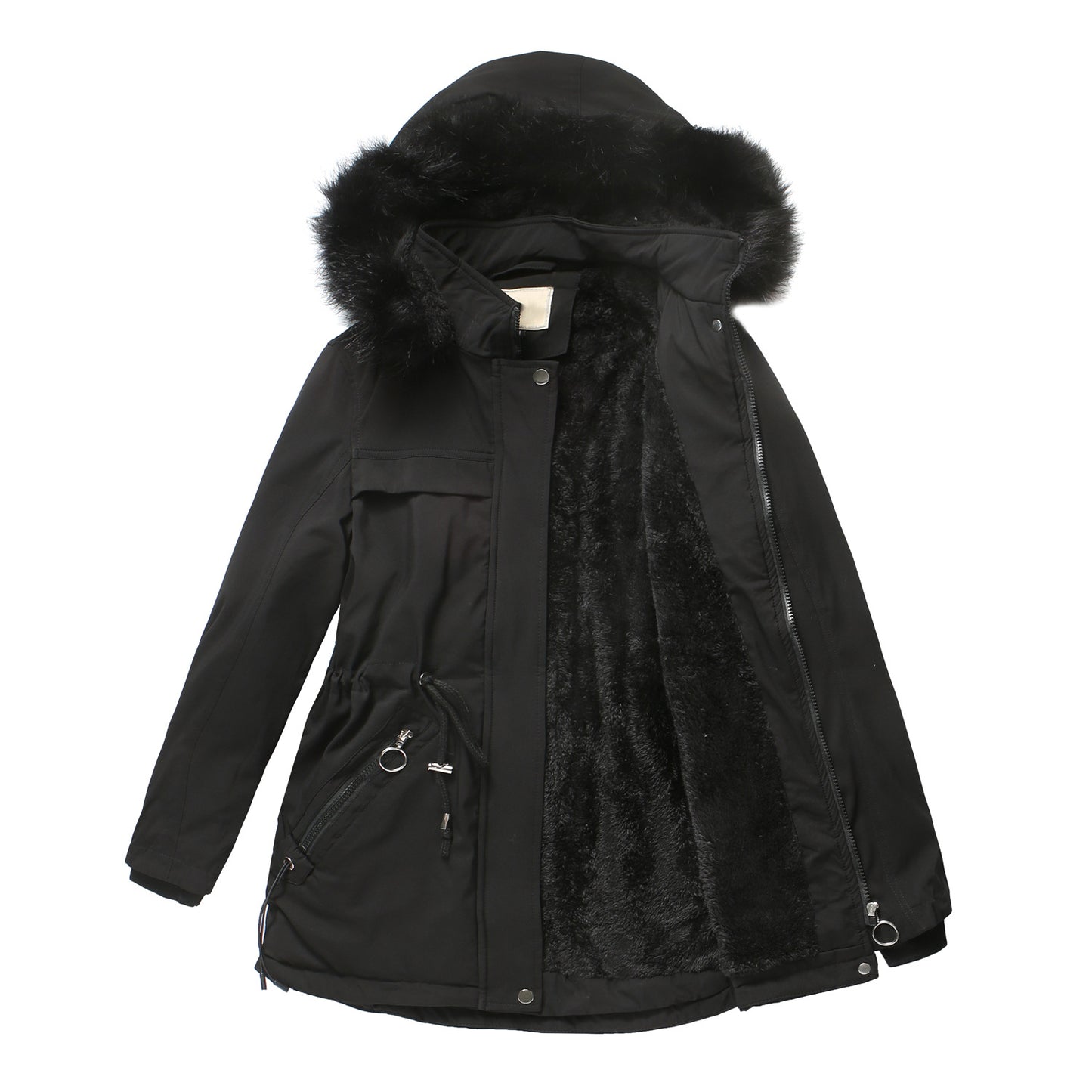 Pure Color Winter Ladies Cotton-padded Coat With Detachable Hood And