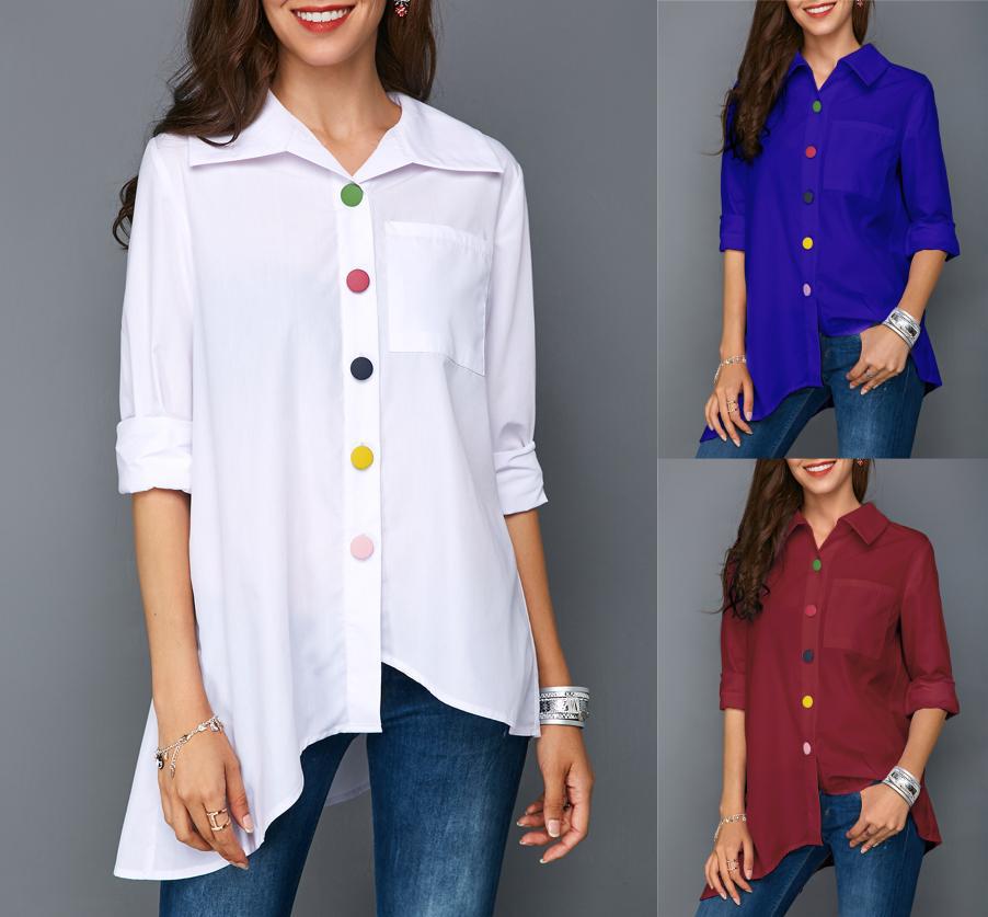 Camisa blanca de mujer con botones coloridos y tops sencillos. 