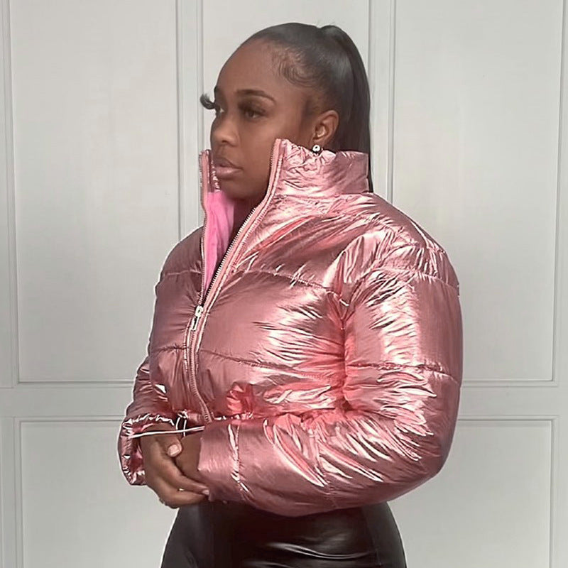 Chaqueta acolchada de algodón con abrigo de pan de superficie brillante a la moda para mujer