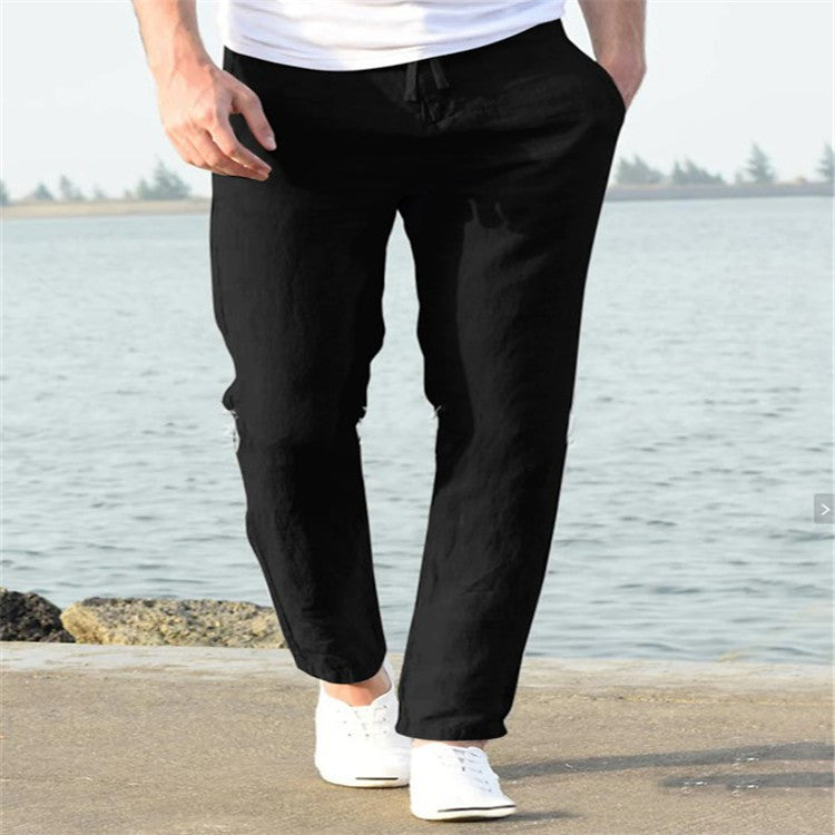 Pantalones casuales de verano de lino para hombre Pantalones con cordón