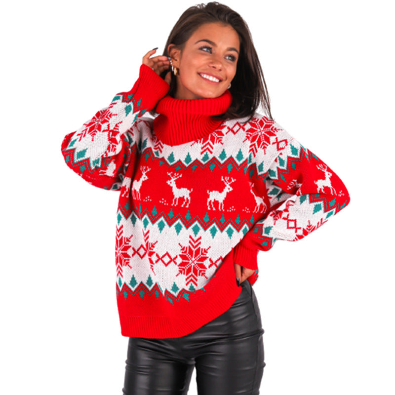 Nuevo Jersey navideño de manga larga con cuello alto en jacquard