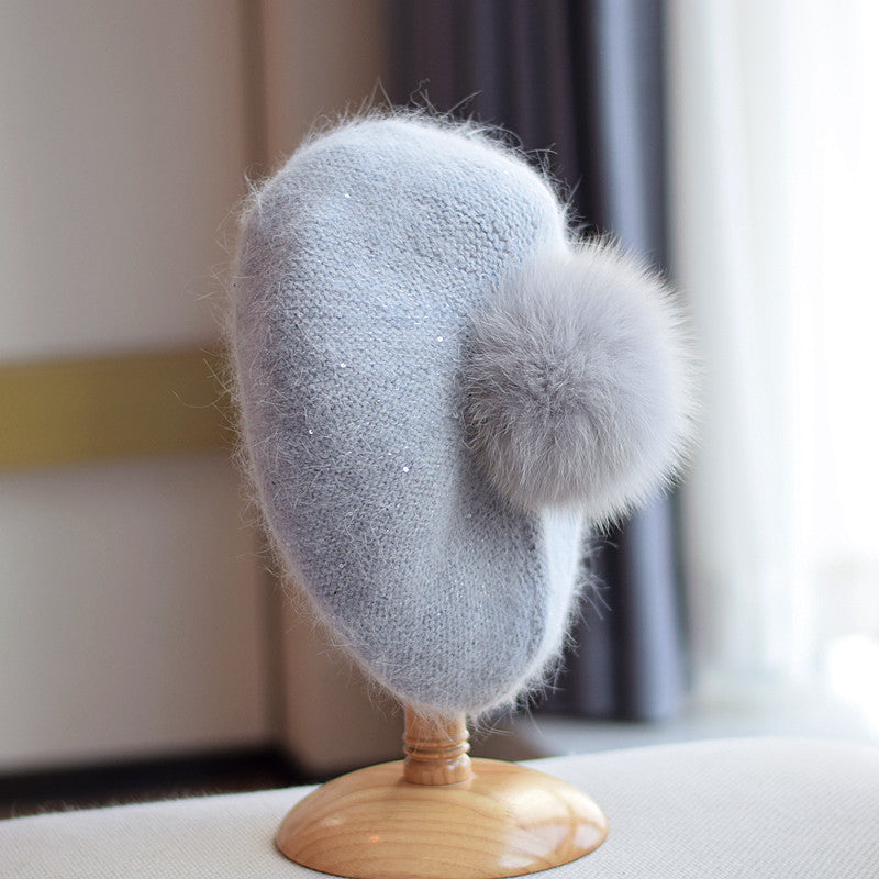 Rabbit Hair Knitted Sequin Beret