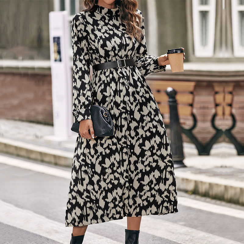 Vestido con estampado de leopardo de manga larga para mujer de otoño e invierno