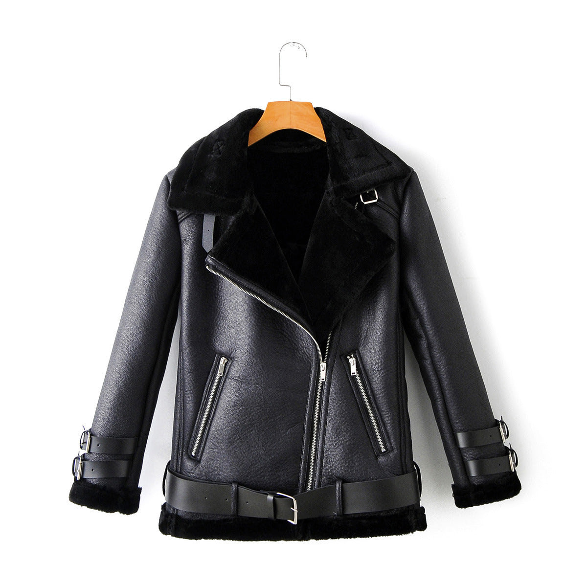 Plush stitching thick PU leather coat