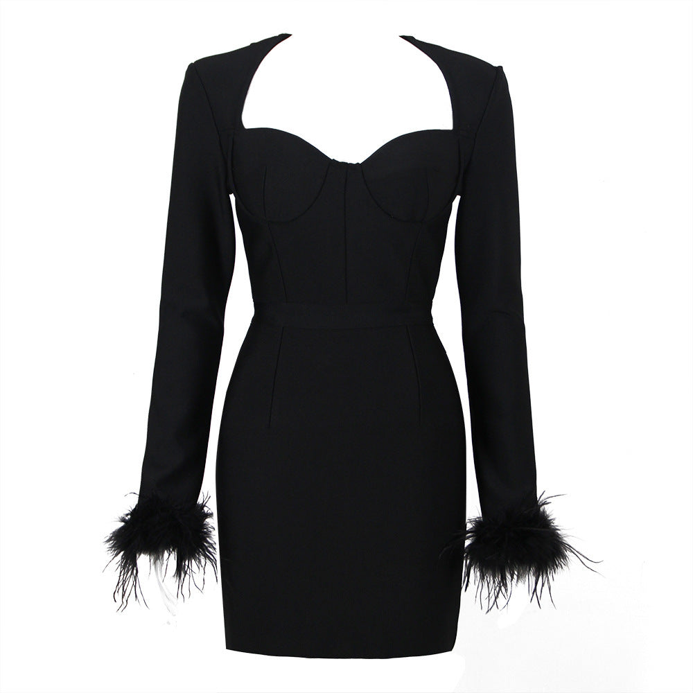 Women's Fashionable Square Neck Ostrich Feather Cuff Bandage Dress