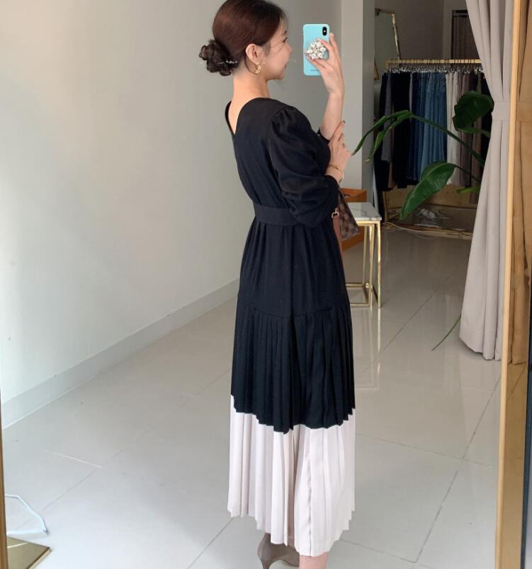 Round Collar Color Patchwork Pleated Dress Long Skirt Woman