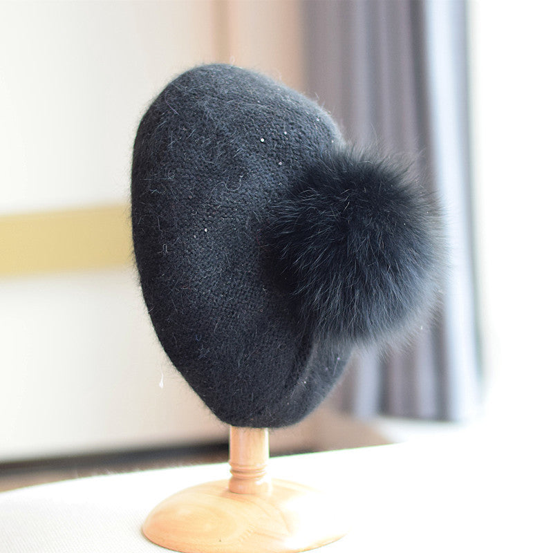 Rabbit Hair Knitted Sequin Beret