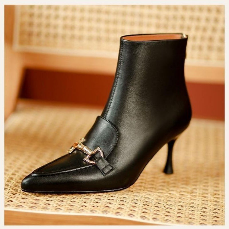 Women's Fashion Retro Pointed Toe Metal Buckle Ankle Boots