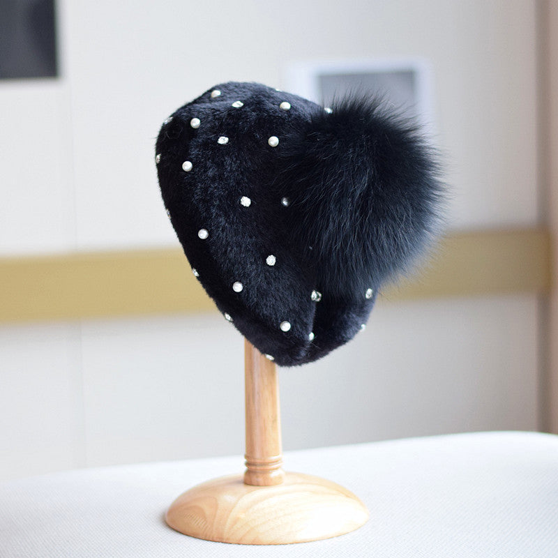 Rhinestone Mink-like Wool Beret Japanese Style Sweet And Cute Painter Cap