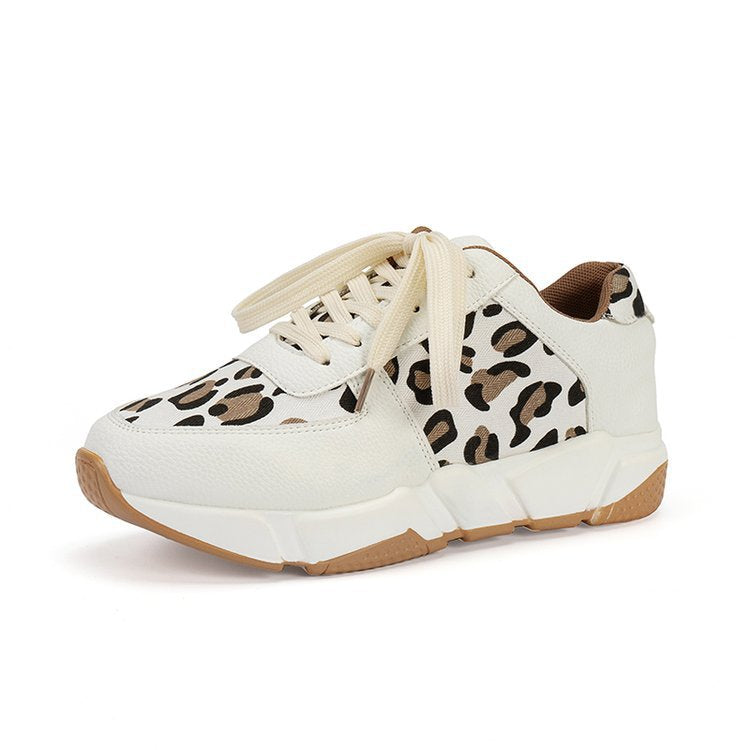 Zapatos de tacón informales con estampado de leopardo de gran tamaño para mujer, nuevos zapatos deportivos informales planos con cordones para primavera y otoño