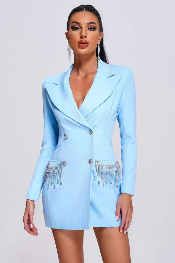 Women's Long-sleeved V-neck Tassel Diamond Suit