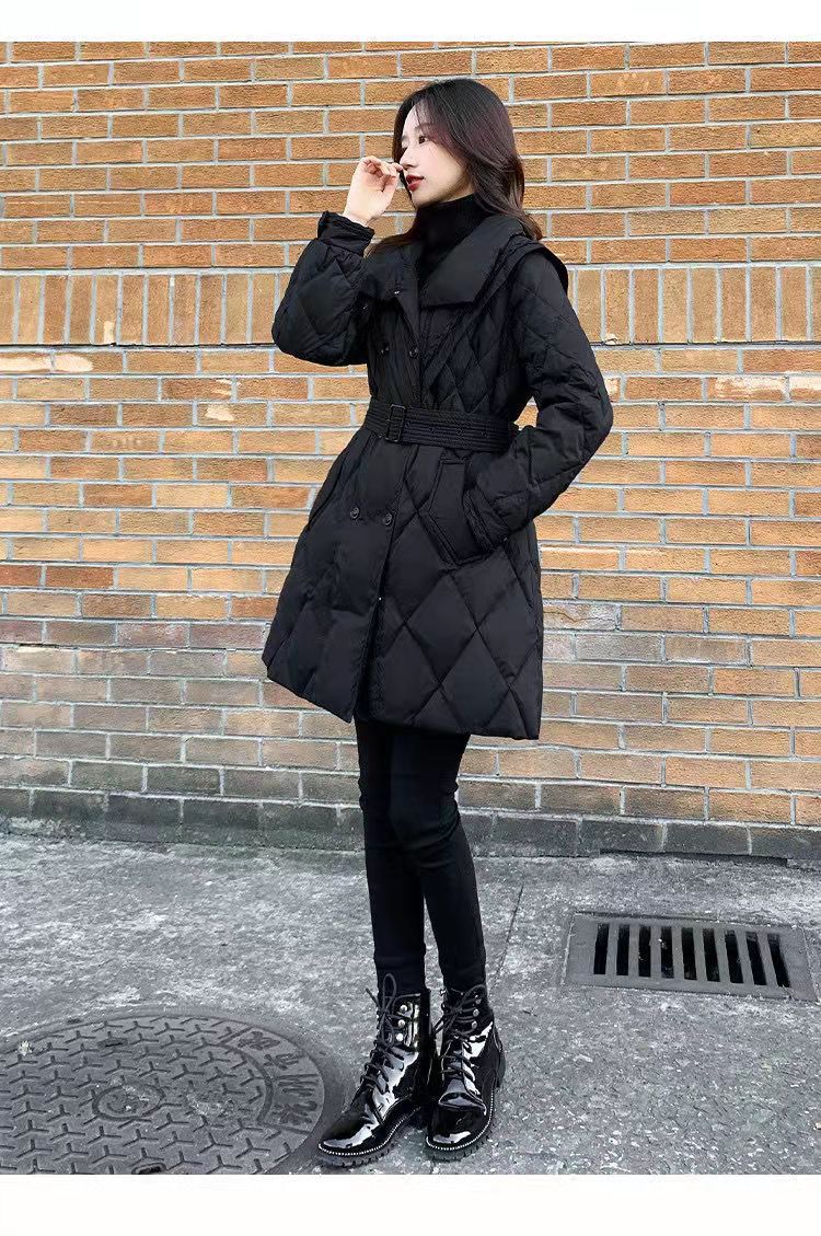 Black Medium Length Cotton-padded Coat For Women