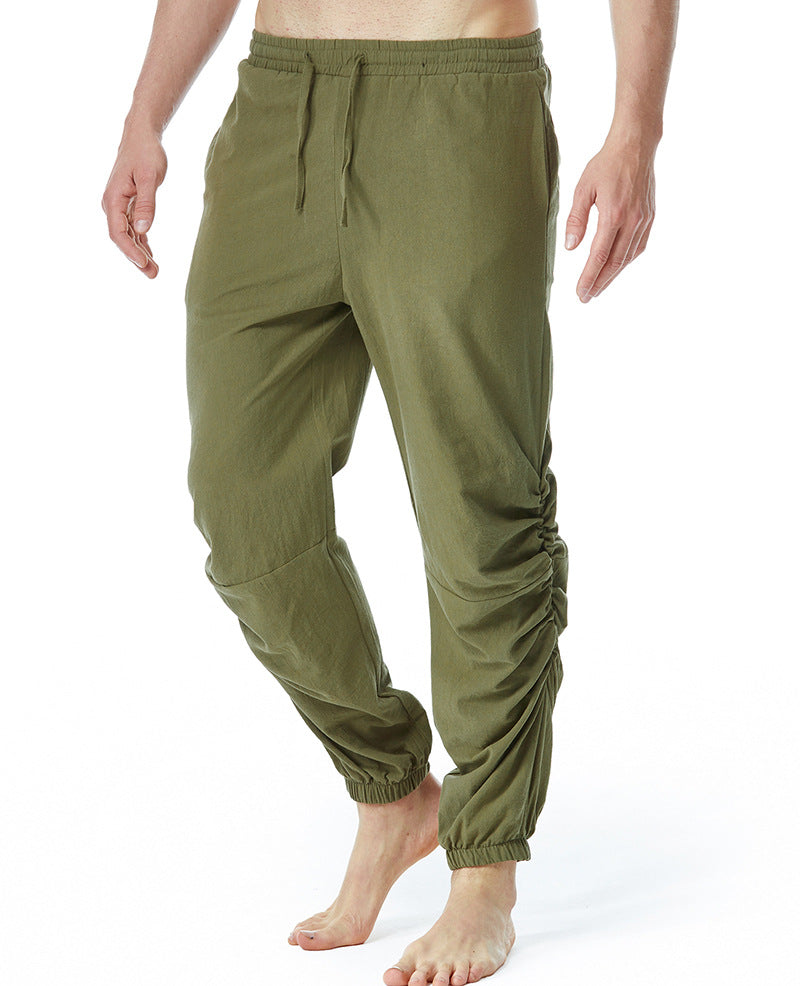 Pantalones de yoga con cintura elástica y cordón de algodón y lino para hombre