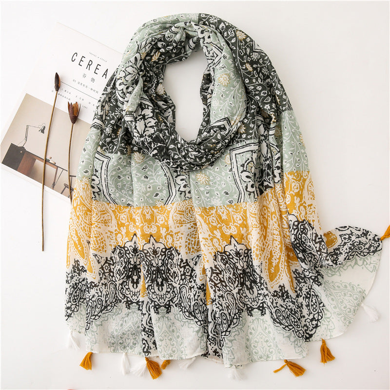 Japanese Style Artistic Fresh Cotton And Linen Scarf Retro Patchwork Bohemian Cashew Print