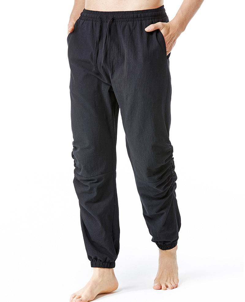 Pantalones de yoga con cintura elástica y cordón de algodón y lino para hombre