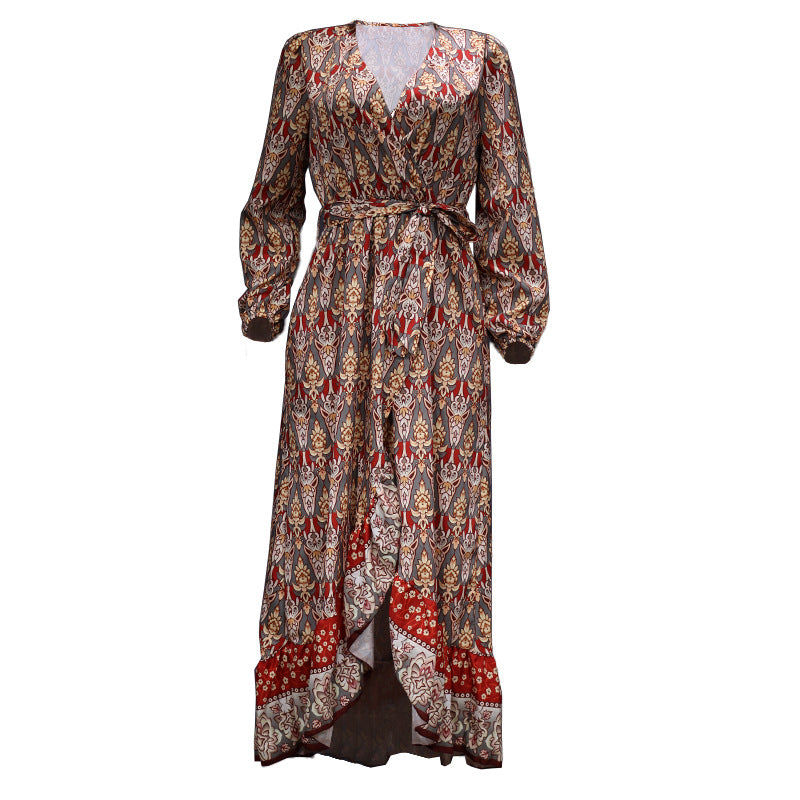 Women's Fashion V-neck Long Sleeve Printed Dress