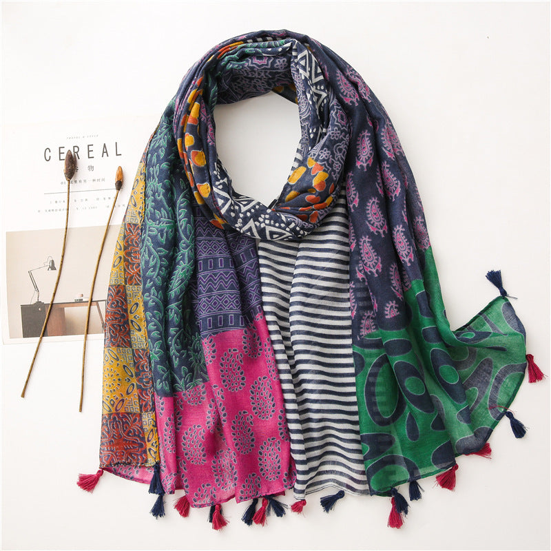 Japanese Style Artistic Fresh Cotton And Linen Scarf Retro Patchwork Bohemian Cashew Print