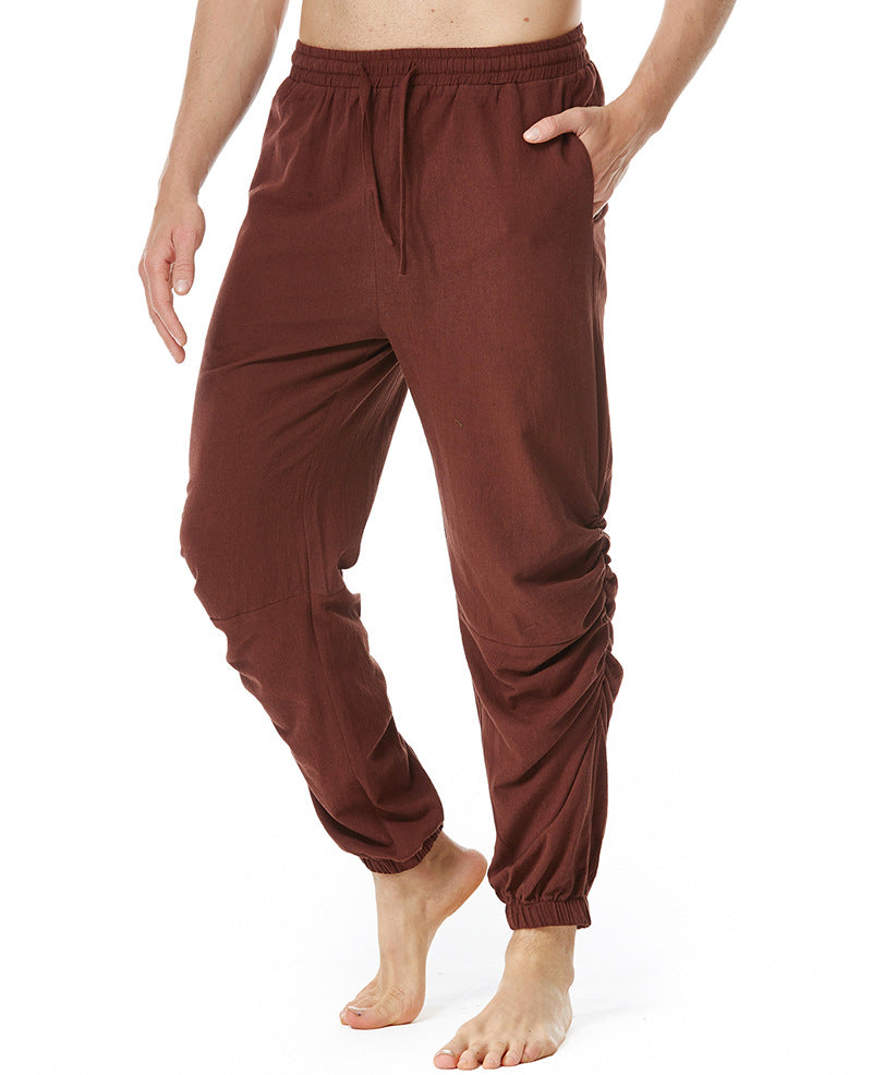 Pantalones de yoga con cintura elástica y cordón de algodón y lino para hombre