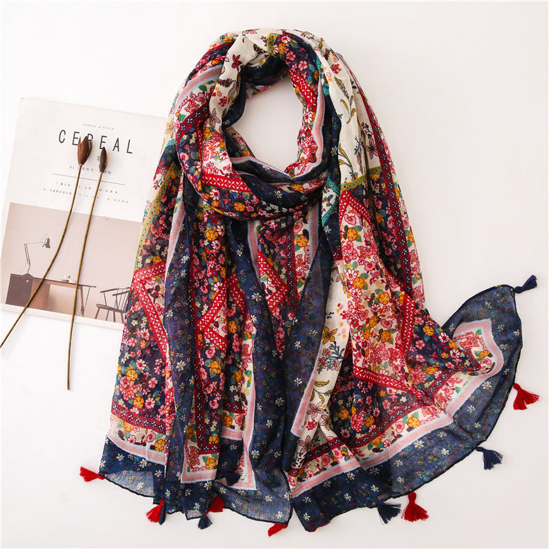 Japanese Style Artistic Fresh Cotton And Linen Scarf Retro Patchwork Bohemian Cashew Print