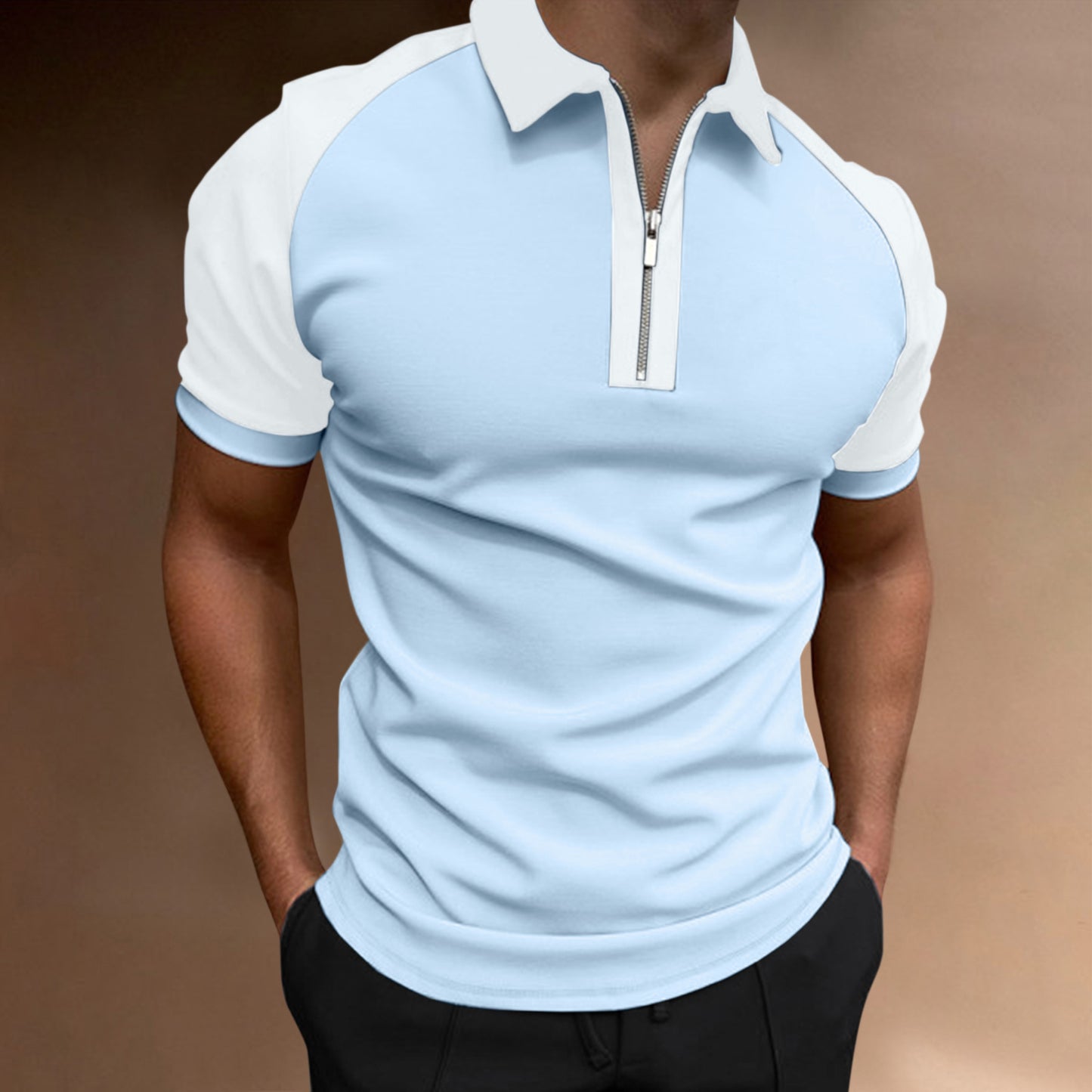 Color Matching Polo Shirt Zipper Men's Raglan Sleeve Top