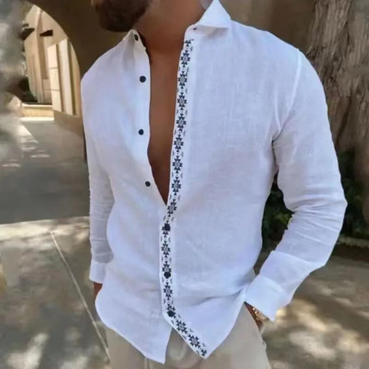 camisa de hombre estampada de algodón y lino con botones de solapa