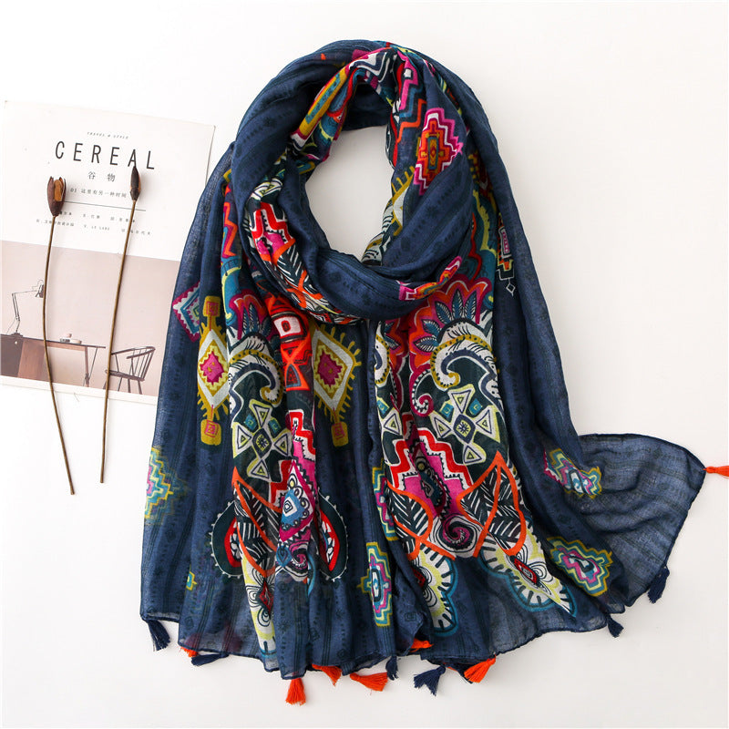 Japanese Style Artistic Fresh Cotton And Linen Scarf Retro Patchwork Bohemian Cashew Print