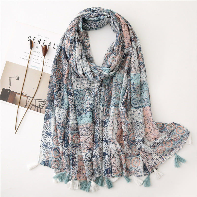 Japanese Style Artistic Fresh Cotton And Linen Scarf Retro Patchwork Bohemian Cashew Print