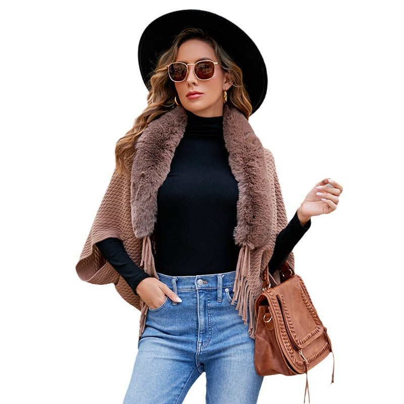 Drizzling Fur Collar Knitted Tassel Cape Coat Women