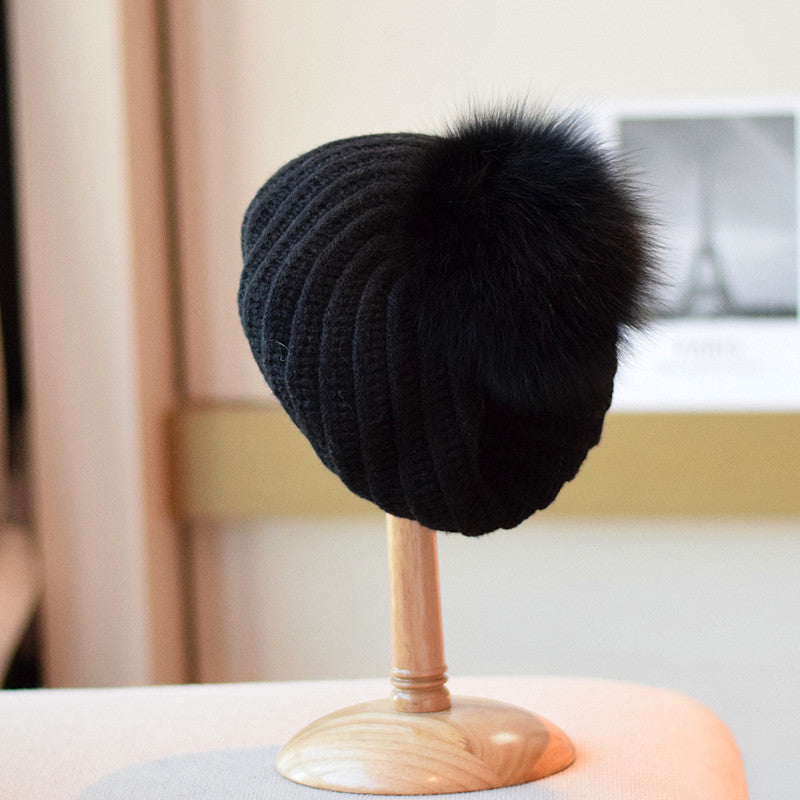 Fox Fur Ball Knitted Beret