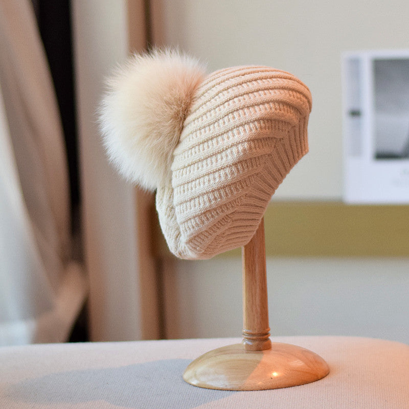 Fox Fur Ball Knitted Beret